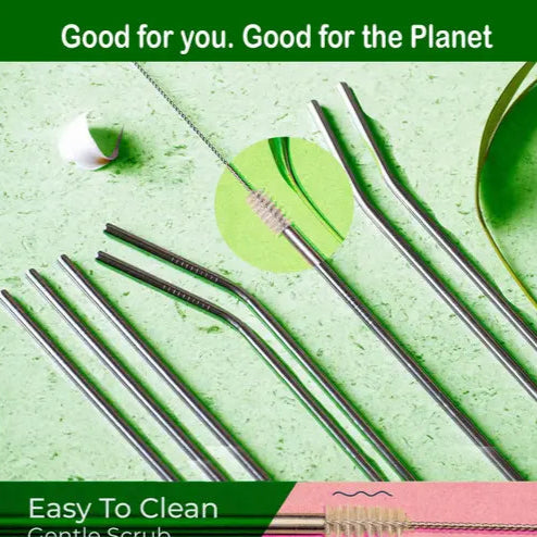 Stainless Steel Straws with Cleaning Brush for Kids & Adults, Bent Reusable Metal Straws, Cutlery (Pack of 4 Straight & 4 Bent, 2 Brush) Long Steel Straws for Drinking & Drinks, Silver