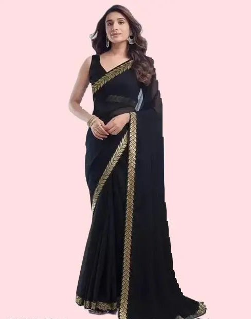 Glamrack Georgette Solid Golden Lace Border With Banglori Silk Blouse Piece