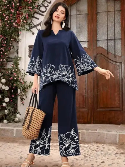 Rayon embroidery blue Top and bottom set co order set women