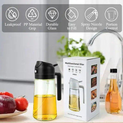 500ml 2 in 1 Olive Oil Sprayer and Oil Dispenser Bottle for Kitchen, Glass Oil Bottle with Premium Nozzle, Oil Sprayer for Fryer, Salad,BBQ,Roasting (Multi Color) (Pack of 1)