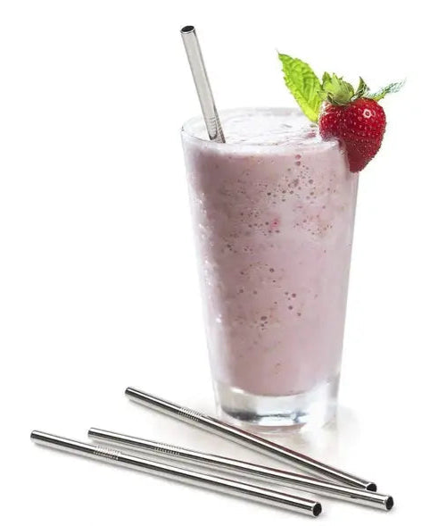 Stainless Steel Straws with Cleaning Brush for Kids & Adults, Bent Reusable Metal Straws, Cutlery (Pack of 4 Straight & 4 Bent, 2 Brush) Long Steel Straws for Drinking & Drinks, Silver