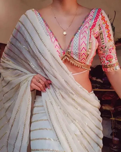 White Designer Party Wear White georgette sequence work saree with heavy designer blouse