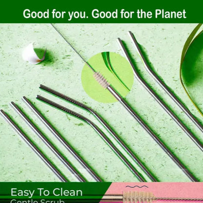 Stainless Steel Straws with Cleaning Brush for Kids & Adults, Bent Reusable Metal Straws, Cutlery (Pack of 4 Straight & 4 Bent, 2 Brush) Long Steel Straws for Drinking & Drinks, Silver