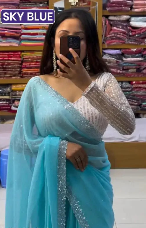 party wear georgette saree with all over heavy beads work and white colour heavy sequence blouse