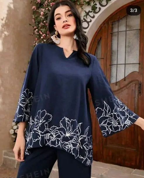 Rayon embroidery blue Top and bottom set co order set women