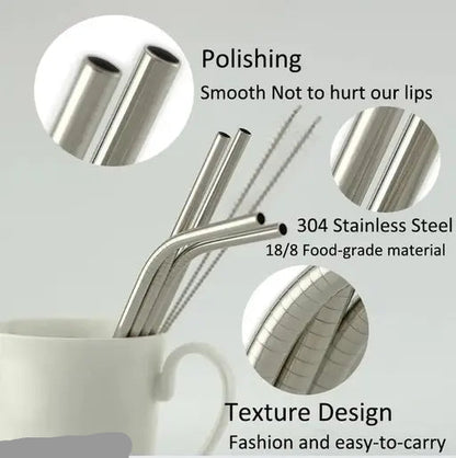 Stainless Steel Straws with Cleaning Brush for Kids & Adults, Bent Reusable Metal Straws, Cutlery (Pack of 4 Straight & 4 Bent, 2 Brush) Long Steel Straws for Drinking & Drinks, Silver