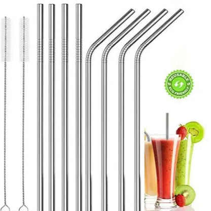 Stainless Steel Straws with Cleaning Brush for Kids & Adults, Bent Reusable Metal Straws, Cutlery (Pack of 4 Straight & 4 Bent, 2 Brush) Long Steel Straws for Drinking & Drinks, Silver
